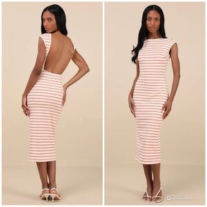Lulus Chic Existence Ivory & Orange Striped Backless Midi Dress Size Medium NWT